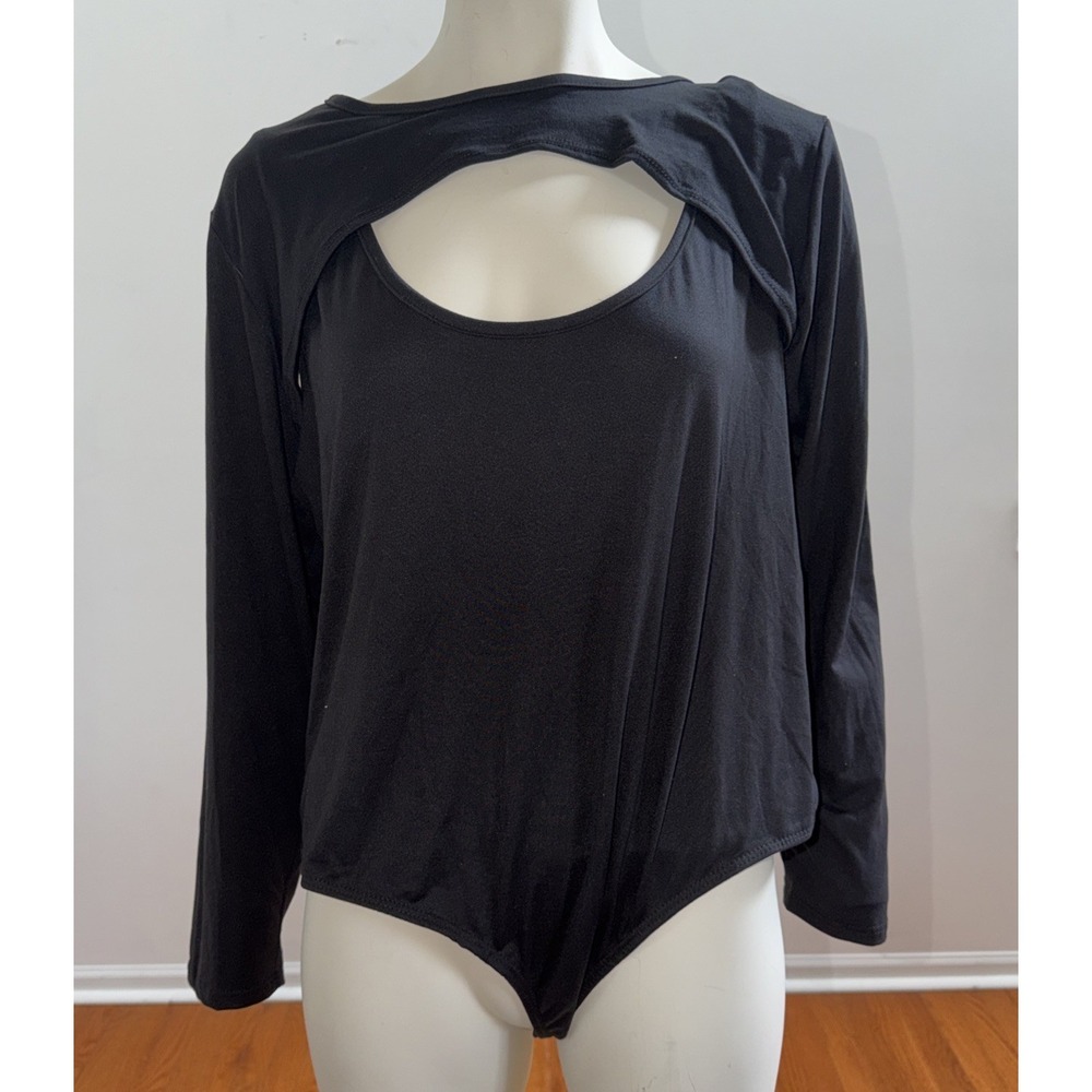 Ashley Stewart Black Body Suit With Shawl Cover Open‎ Chest Long Sleeve NWT 4x